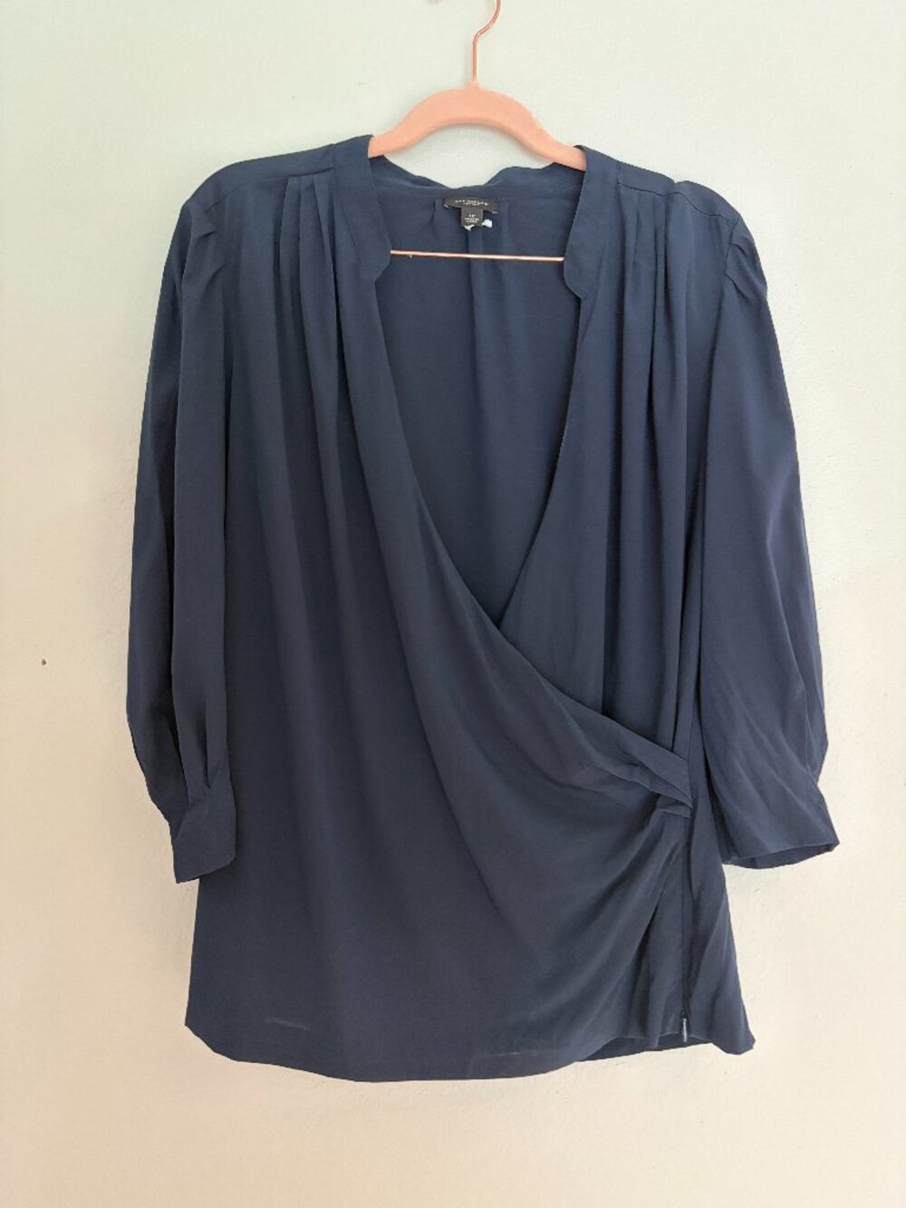 Ann Taylor | Navy Silk Blend Pleated Faux Wrap Surplice 3/4 Sleeve Blouse 12